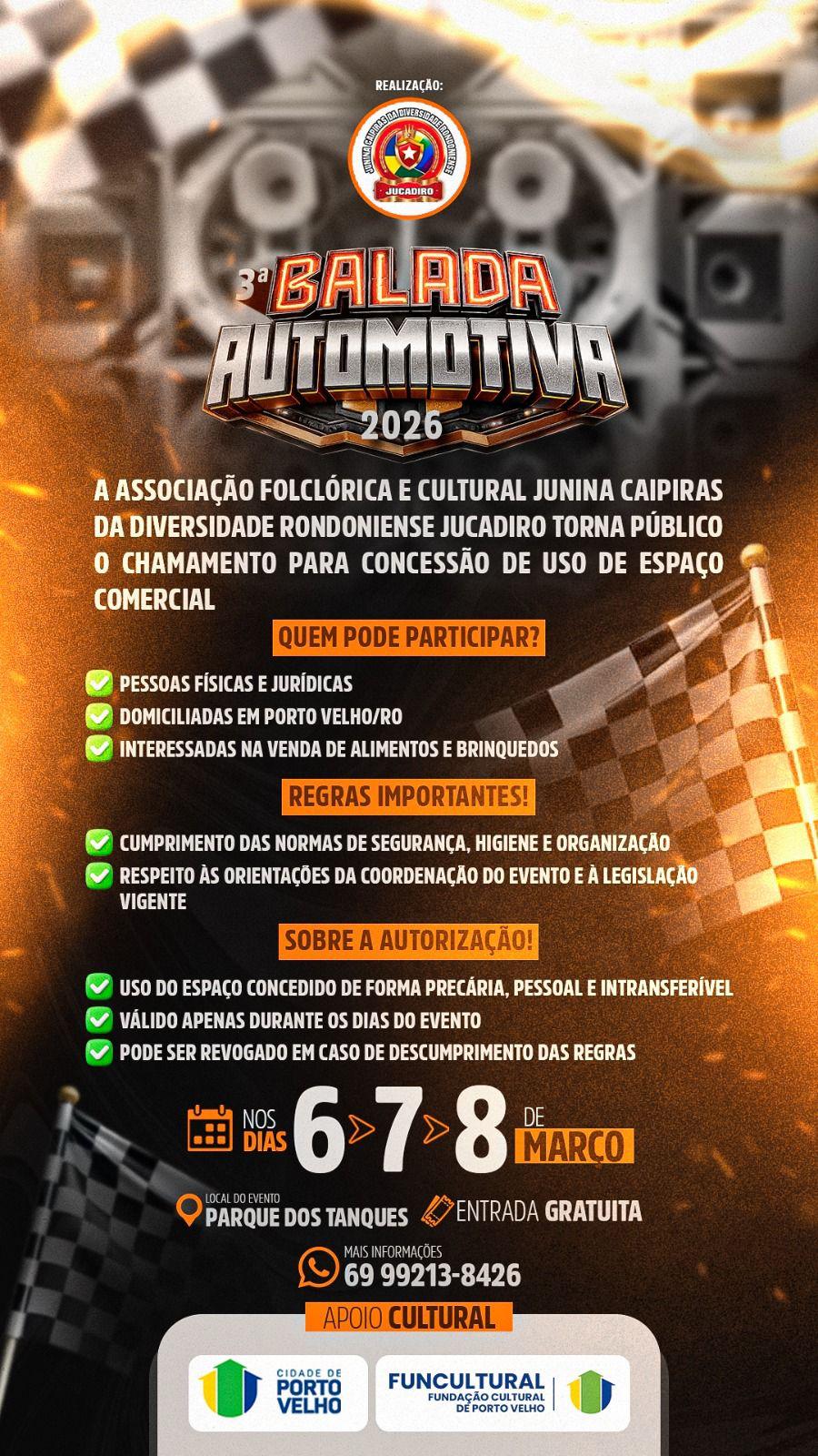 Evento: 3ª Balada Automotiva 2026 abre chamamento para uso de espaços comerciais em Porto Velho
